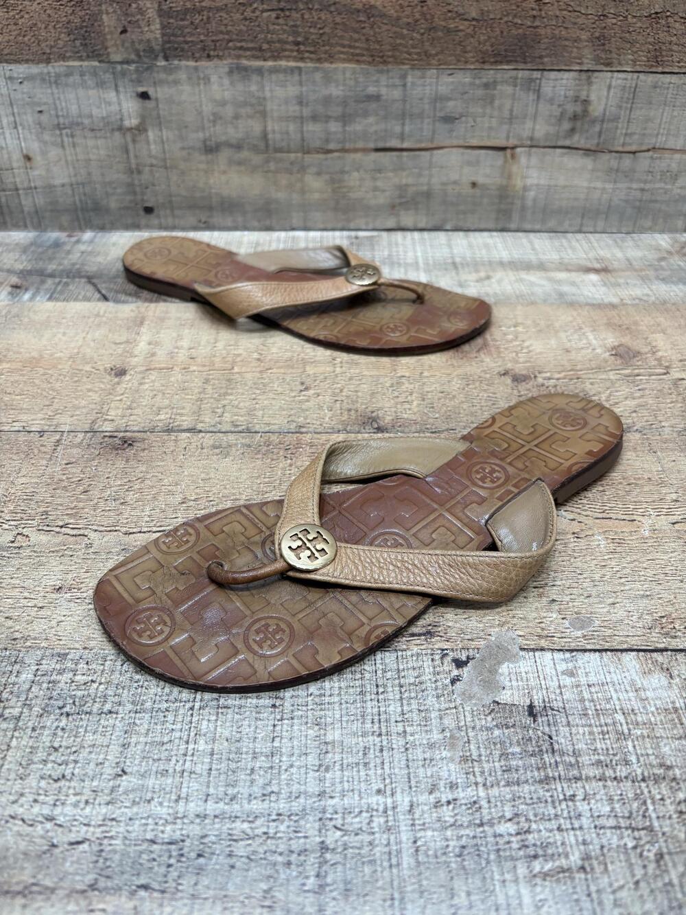 Tory Burch Sandals Womens Size 8 39 Brown Leather Thong Logo Flip Flop Shoes